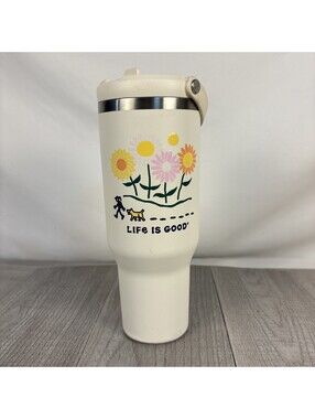 Life Is Good Floral Daisies & Dog Cream Travel Tumbler with Swing Handle